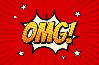 Retro mizah çerçevesi, arkaplan, duvar kağıdı, yarım ton efektli OMG metni, çizgiler ve yıldızlar. Kırmızı 