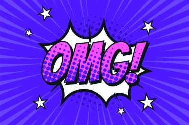 Retro mizah çerçevesi, arkaplan, duvar kağıdı, yarım ton efektli OMG metni, çizgiler ve yıldızlar. Mavi 