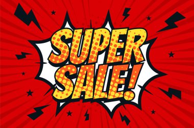 Pankart, poster, çizgi roman tarzı pop sanat illüstrasyonu, yıldırımlı Super Sale ve yıldız silueti. Çerçeve, patlama, baloncuk. Kırmızı 
