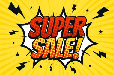 Pankart, poster, çizgi roman tarzı pop sanat illüstrasyonu, yıldırımlı Super Sale ve yıldız silueti. Çerçeve, patlama, baloncuk. Sarı