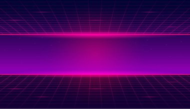 Parlak afiş, poster, arka plan, modern tasarım unsurları olan eski 80 'ler tarzı duvar kağıdı. Neon ışığı, gradyan ağ, geometrik şekiller. Eski. 