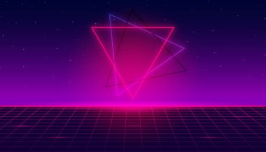 Parlak afiş, poster, arka plan, modern tasarım unsurları olan eski 80 'ler tarzı duvar kağıdı. Neon ışığı, gradyan ağ, geometrik şekiller. Eski. 
