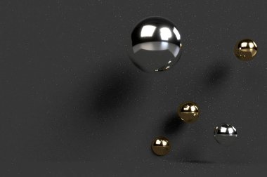 3D işlemeli soyut duvar kağıdı, arkaplan. Siyah arka planda altın ve gümüş balonlar. 