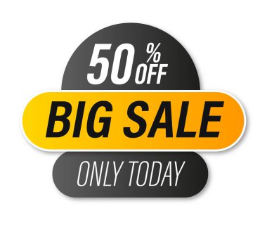 Simge, etiket, rozet, metin indirimi% 50 indirimli sarı-turuncu ve siyah-gri gradyan ve beyaz arka planda izole edilmiş gölge. 