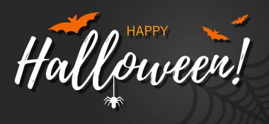 Pankart, poster, metin ile illüstrasyon Mutlu Cadılar Bayramı yarasalar, ağ ve örümcek ile