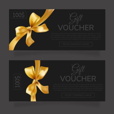 Siyah bir zemin üzerinde altın bir fiyonk ve kurdele olan bir hediye çeki.. 