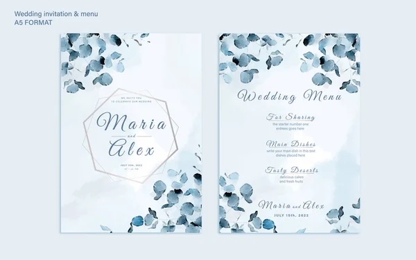 Romantic Watercolor Wedding Invitation Menu Templates Beautiful Abstract Leaves Green — Stock Vector