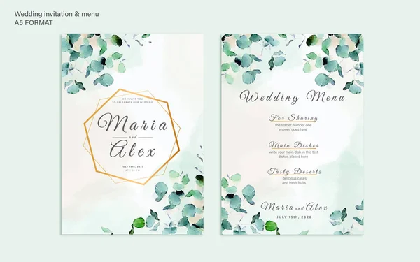 ロマンチックな水彩結婚式の招待状とメニュー テンプレート 美しい抽象的な葉 緑とベージュ — ストックベクタ