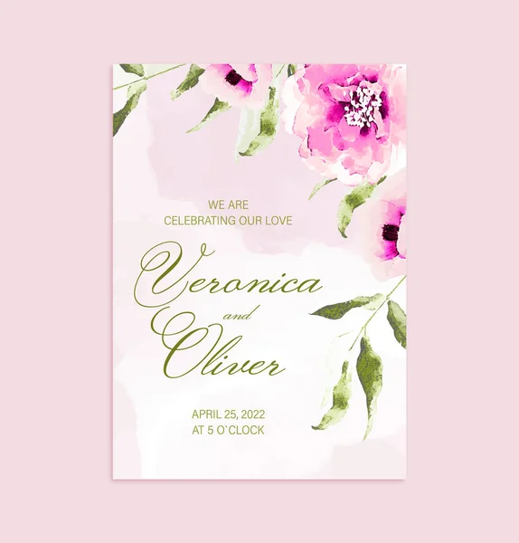 ロマンチックな水彩結婚式招待テンプレート 美しい抽象的な花 ピンク桃緑 — ストックベクタ