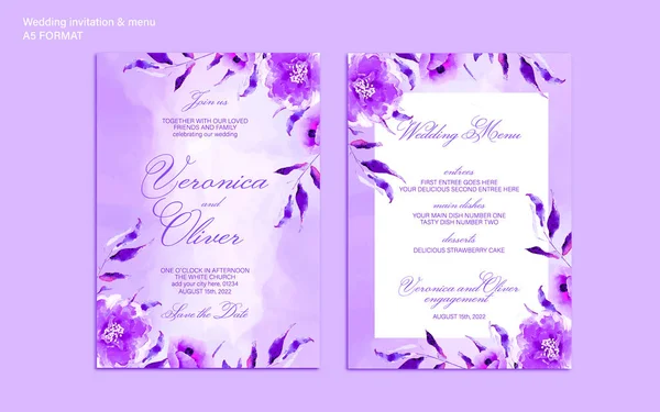 Romantic Watercolor Wedding Invitation Menu Templates Beautiful Abstract Flowers Lilac — Stock Vector