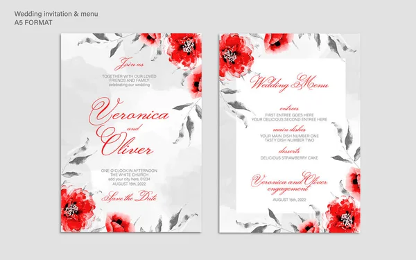 Romantic Watercolor Wedding Invitation Menu Templates Beautiful Abstract Flowers Red — Stock Vector