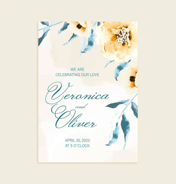 ロマンチックな水彩結婚式招待テンプレート 美しい抽象的な花 黄緑色ベージュ — ストックベクタ