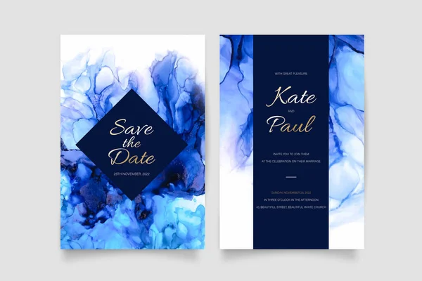 結婚式招待状抽象的な青とシアン現実的なインク — ストックベクタ