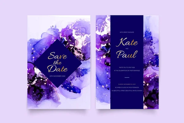 Wedding Invitation Abstract Blue Purple Realistic Ink — Stock Vector