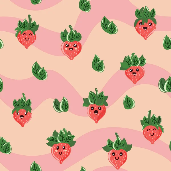 Lindo Kawaii Dibujos Animados Antropomórficos Fresas Patrón Sin Costuras Con — Vector de stock