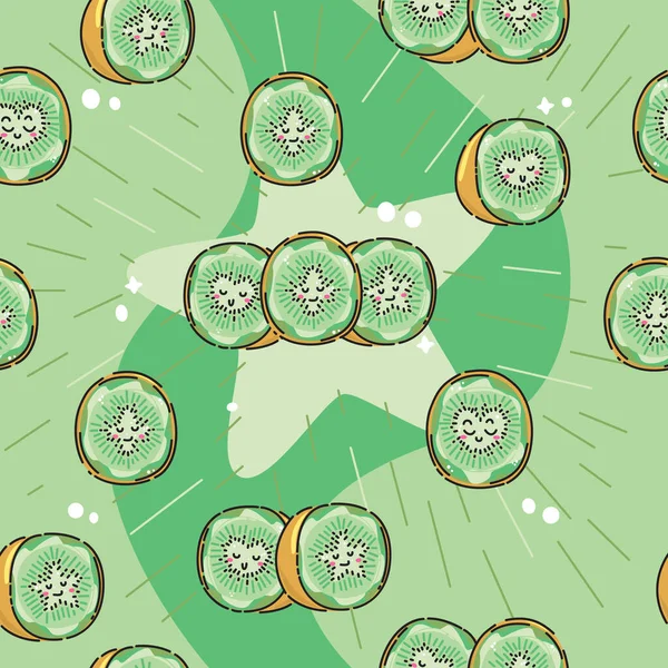 波状のスターバーストの背景を持つかわいい 緑のカワイイ擬人化漫画キウイシームレスパターン 春や夏の生地のための素晴らしい スクラップ予約 ギフトラップ 製品デザイン ベクトル — ストックベクタ