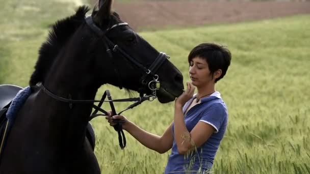 Menina beijando um cavalo câmera lenta — Vídeo de Stock