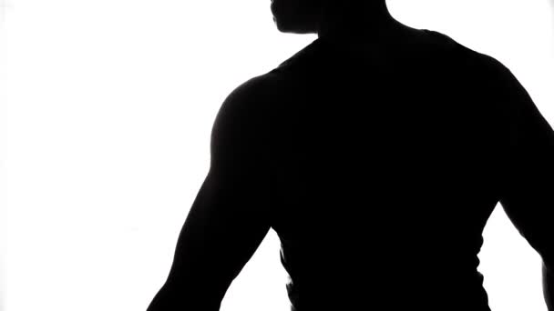 Bodybuilder silhouette - uitoefening biceps op sportschool middellange schot. — Stockvideo