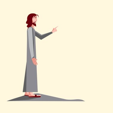 İsa 'nın bembeyaz bir betimlemesi. Kaldırılmış bir el ve işaret parmağıyla. Gri cüppeli sakallı adam.