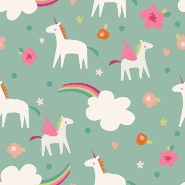 Şirin sihirli tek boynuzlu atlar ile sorunsuz vektör desen