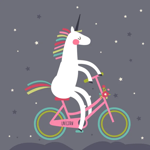 Cute unicorn on a bicycle with a rainbow mane — Stock Vector