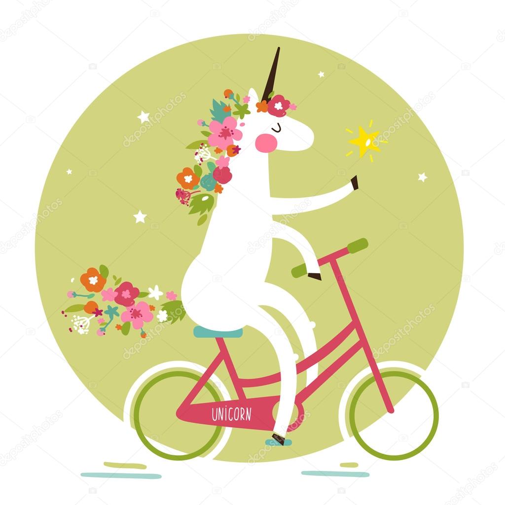 Cute unicorn on a bicycle with a mane of flowers