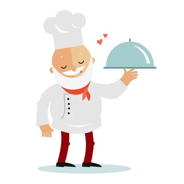 Schattig chef-kok in uniform houden een lade van voedsel. Geïsoleerd op witte b — Stockvector