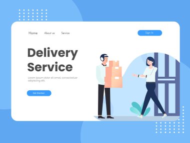 Teslimatçının İllüstrasyon Vektör Grafiği ev illüstrasyonunun önündeki müşterilere siparişleri güvenli bir şekilde iletir. Bu resim web sitesi, iniş sayfası, web, uygulama ve afiş için mükemmeldir.