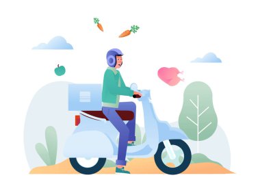 Yiyecek ve içecek grafiği, motosikletiyle yiyecek ve içecek getiren bir adam, bu illüstrasyon web sitesi, iniş sayfası, uygulama ve afiş için mükemmel.