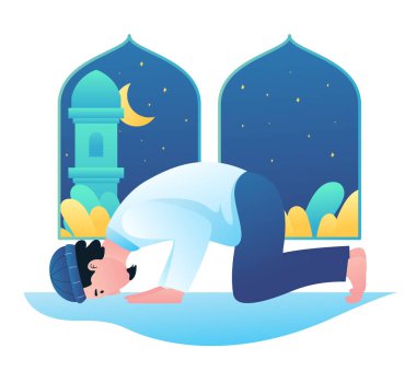 Camide namaz kılan Müslüman bir erkek olan Ramazan Resimli Vektör Grafiği.