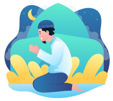 Ramazan 'ın İmaj Vektörü Grafiği, Ramazan ayının kutsal duası sırasında namaz kılan erkek bir Müslüman..