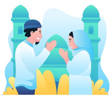 Bayram Mübarek Aktivitesinin İllüstrasyon Vektörü Bayram günü Müslüman bir çift selamlarını ve özürlerini sunar.