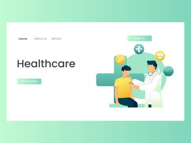 Sağlık hizmetlerinin modern düz tasarım çizimi, Doktor hastanın vücudunu kontrol eder. Bu resim web sitesi ve mobil web sitesi için mükemmel.