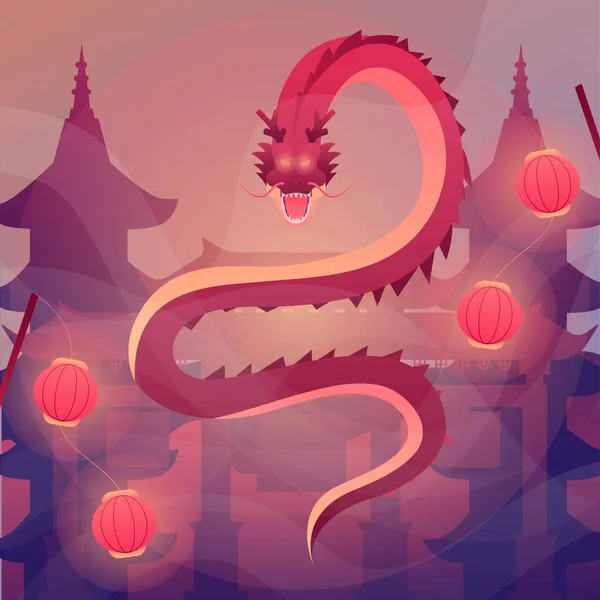 Illustration Nouvel Chinois Célébration Cap Meh Avec Dragon Dans Temple — Image vectorielle