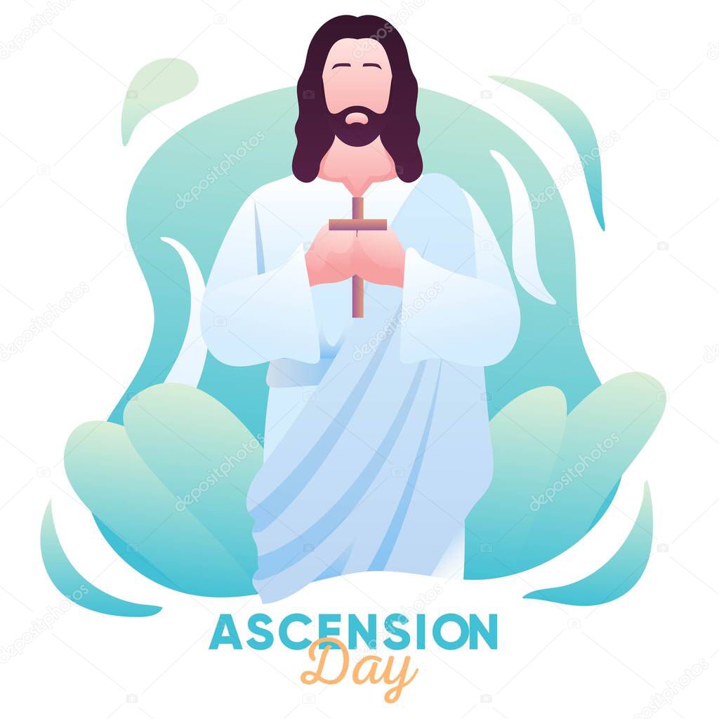 Illustration of the Ascension of Jesus Christ, Jesus holding the cross. Illustration commemorating Jesus' ascension day.