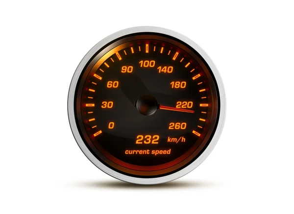 Der isolierte Autotacho zeigt die aktuelle Geschwindigkeit von 232 Stundenkilometern auf weißem Hintergrund mit orange beleuchtetem Zifferblatt an. — Stockfoto