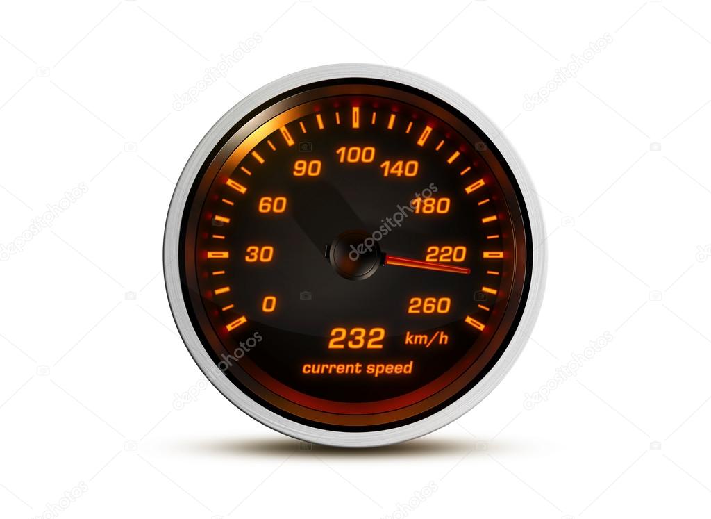Isolated car Speedometer Shows Current Speed Of 232 Kilometers An Hour On A white Background with orange illuminated dial