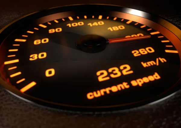 Car speedometer with bright orange illuminated dials inset in da