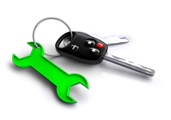 Chiavi dell'automobile con l'icona della chiave inglese come portachiavi — Foto Stock