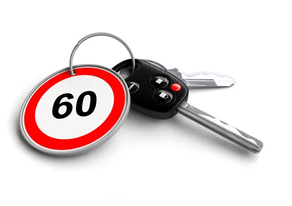 Car keys with speed limit road sign as keyring — Stock Photo, Image