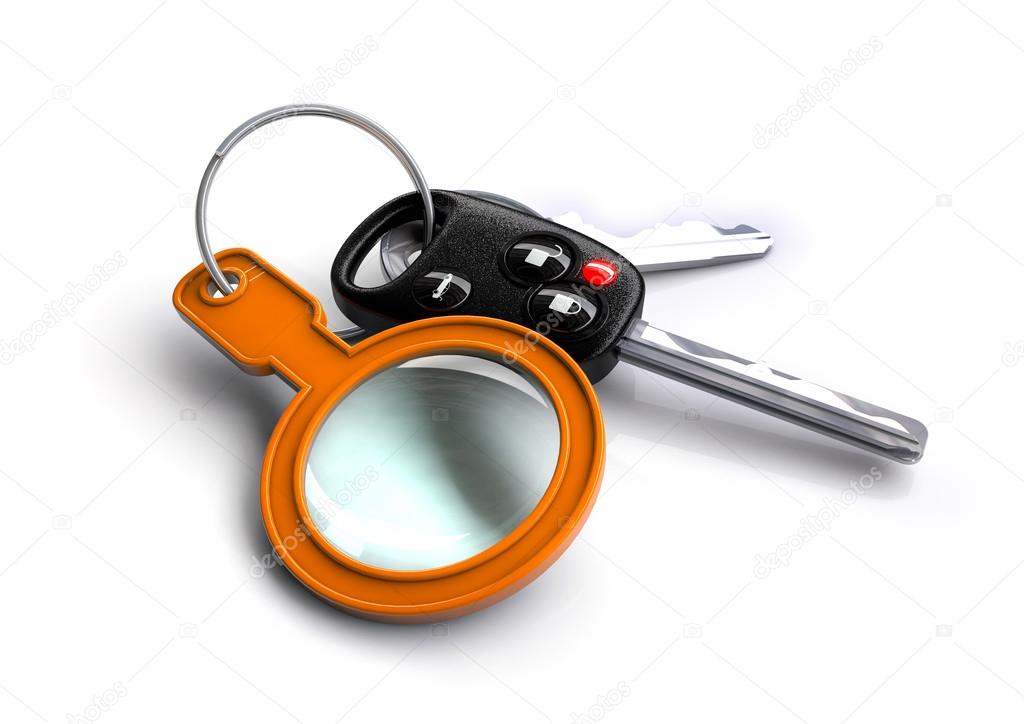 Car keys with a magnifying glass as a keyring