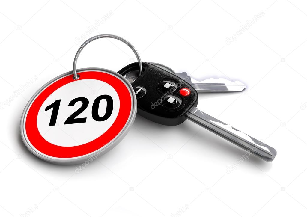 Car keys with speed limit road sign as keyring