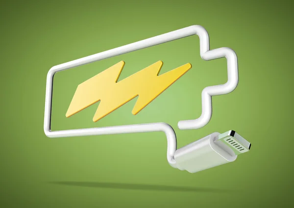 Computer cable and plug makes battery logo with lightening bolt — Stock Photo, Image