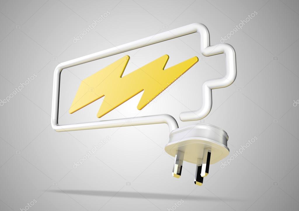 Electricity cable and plug bends to make the shape of a battery icon with an electrical lightening bolt.