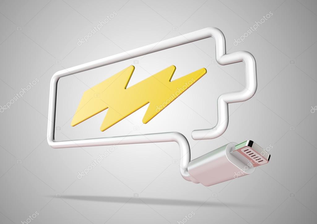 Computer cable and plug makes battery logo with lightening bolt
