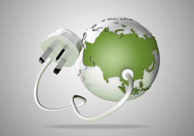 Electrical cable and plug connects power to asia on a world globe. Concept for how asia, china and russia consume electricty and energy and how they need to look for renewable, green, alternative energy solutions like solar energy or wind energy.