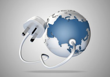 Electrical cable and plug connects power to asia on a world globe. Concept for how asia, china and russia consume electricty and energy and how they need to look for renewable, green, alternative energy solutions like solar energy or wind energy.