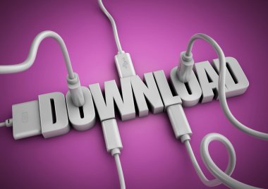 Kelime 'İndir' kavramı karşıdan yükleme verilerinden, apps ve internetten bilgi için bilgisayar kabloları ve fişleri ekleme.