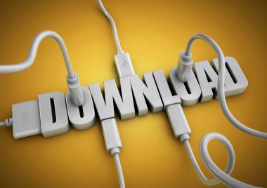 Kelime 'İndir' kavramı karşıdan yükleme verilerinden, apps ve internetten bilgi için bilgisayar kabloları ve fişleri ekleme.