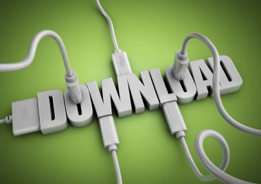 Kelime 'İndir' kavramı karşıdan yükleme verilerinden, apps ve internetten bilgi için bilgisayar kabloları ve fişleri ekleme.